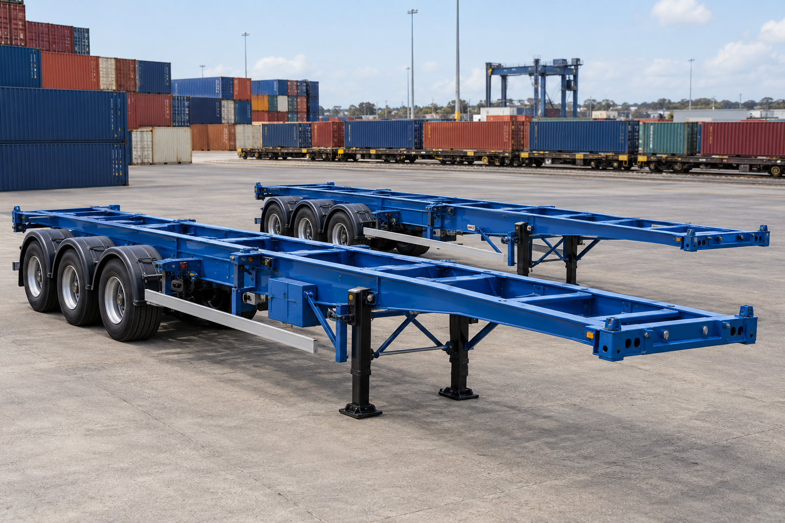 Two blue skeletal container trailers at a freight terminal